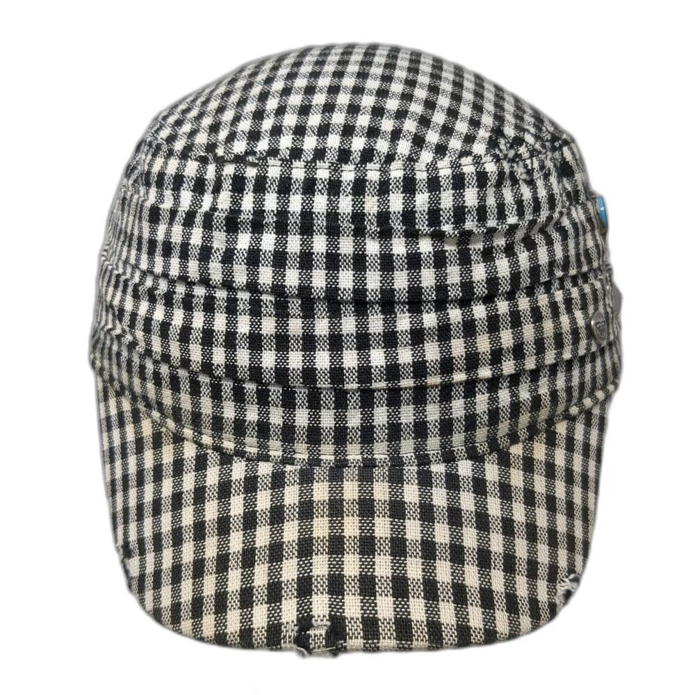 Roxy Army Cap Black White One Size Distressed Gingham Check Studs Plaid Hat